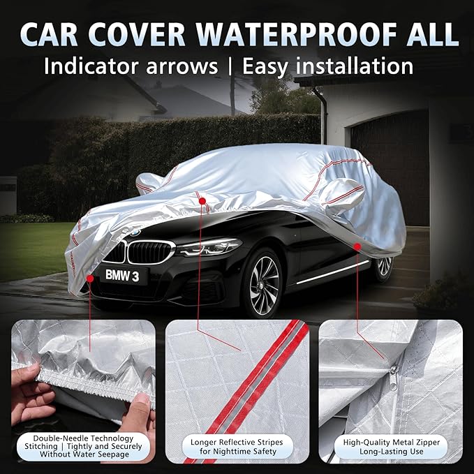 Car Cover Waterproof All Weather for BMW 3 Series 2005-2025,All-Around Fastening and 4 Upgrades, 30s Quick-Install for Car Cover