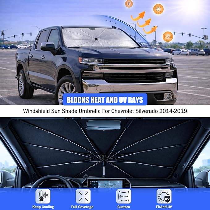 Car Windshield Sun Shade Umbrella - Custom-Fit for Che v-rol-et Silverado 2014-2019 Umbrella Sunshade,Easy Install,UV Protection & Heat Reflective,Keep Interior Cooler with Storage Bag