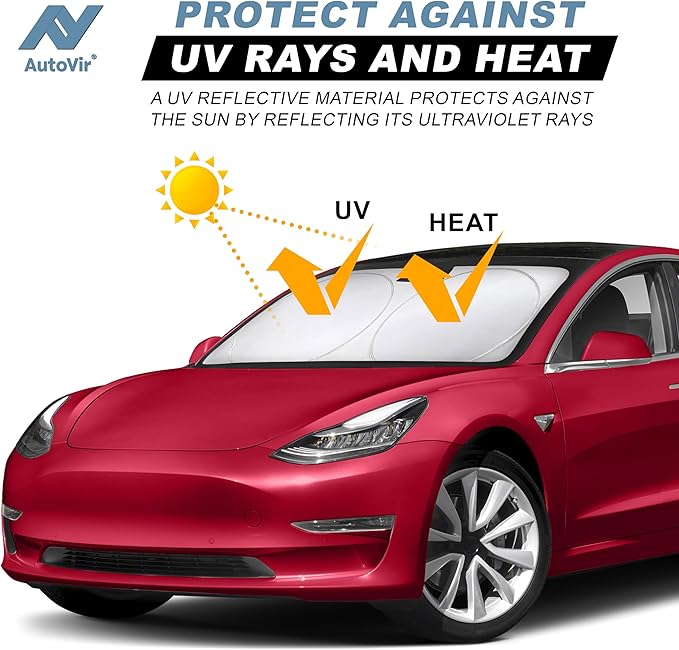 Tesla Windshield Sun Shade for Model 3 and Y | Reflective 240T Material Blocks Sun & Heat | Offers Protection for Car Interior | Foldable Sun Blocker with Storage Pouch | Tesla Car Accessories