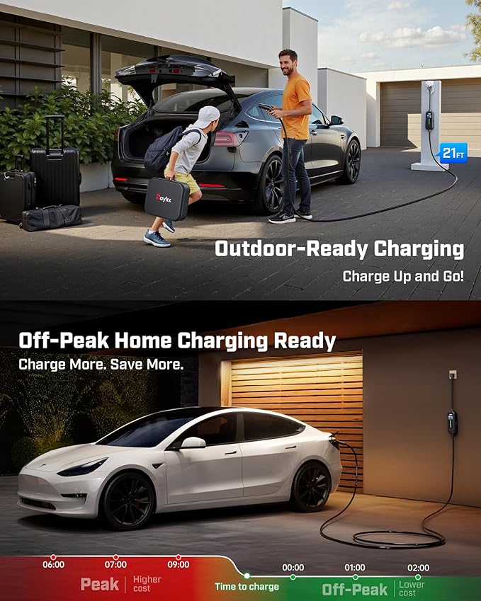 2026 Upgraded Level 1&2 Tesla Mobile Charger, 8-16Amp Adjustable Current & Timer, 110V–240V, NEMA 5-15 & 6-20 Plug, 21ft Tesla Charging Cable, Mobile Connector for Tesla Model Y/3/X/S/Cybertruck