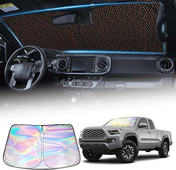 Iridescent Windshield Sun Shade Custom Fit Toyota Tacoma 2016-2024 2025, Upgrade 5 Layers 480T Laser Titanium Silver Window Car Sunshade, Rhombus Lattice Shades for Front Window, Block UV Rays Heat