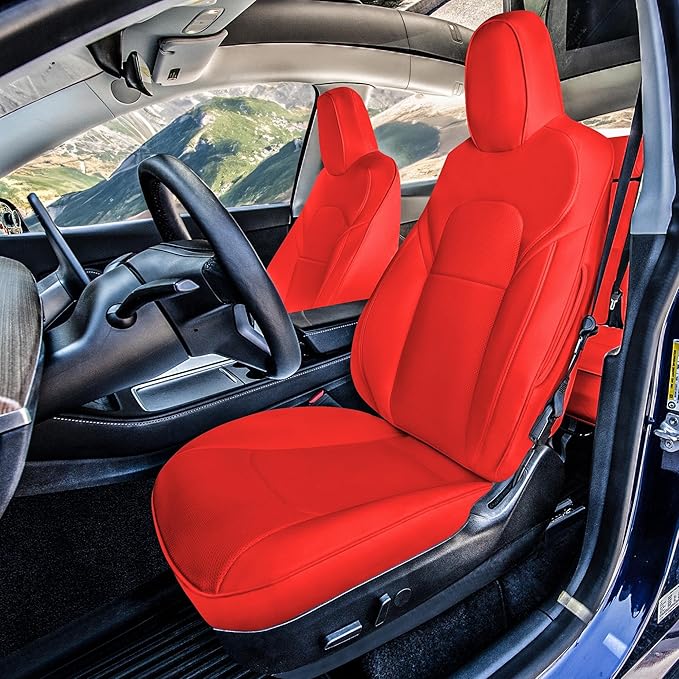 FH Group Custom Fit Car Seat Covers Specifically Made for 2017–2023 Tesla Model 3 Front Set Solid Red Faux Leather Car Seat Covers, Waterproof Automotive Seat Covers, Tesla Accessories