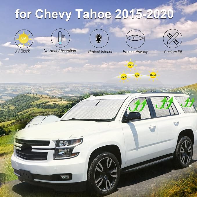 KMF 8pcs Thicken Full Sun Shades for Chevy Tahoe 2015-2020 Accessories, Chevrolet Car Window Covers Sunshade for Windshield Side Rear, UV Block and Privacy Blackout for Car Camping Outdoor