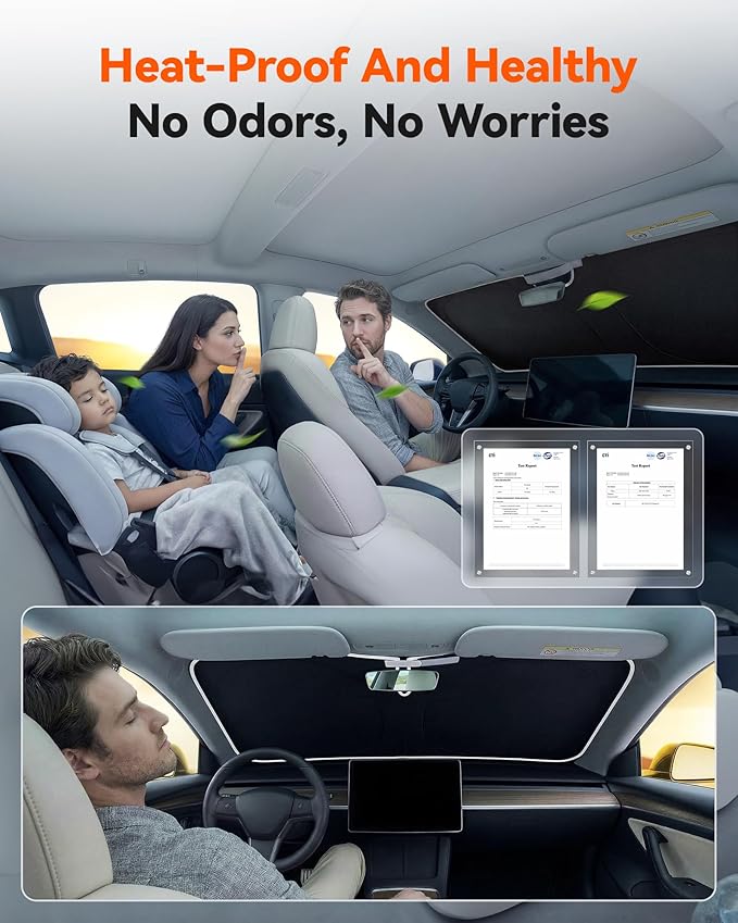 WOLFBOX Foldable Car Windshield Sun Shade Tesla Model Y/Model 3-Advanced Thickened Black Tape Sunshade Cover, Maximum UV Block & Sun Heat Protector Model Y Juniper/Model 3 Highland (56.30''L*37''W)