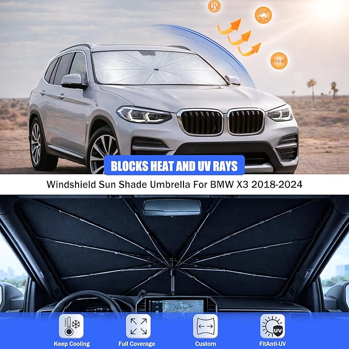 2026 Upgraded Car Windshield Sun Shade Umbrella - Custom-Fit for BMW X3 2018-2024 Umbrella Sunshade,Easy Install,UV Protection & Heat Reflective,Keep Interior Cooler with Storage Bag