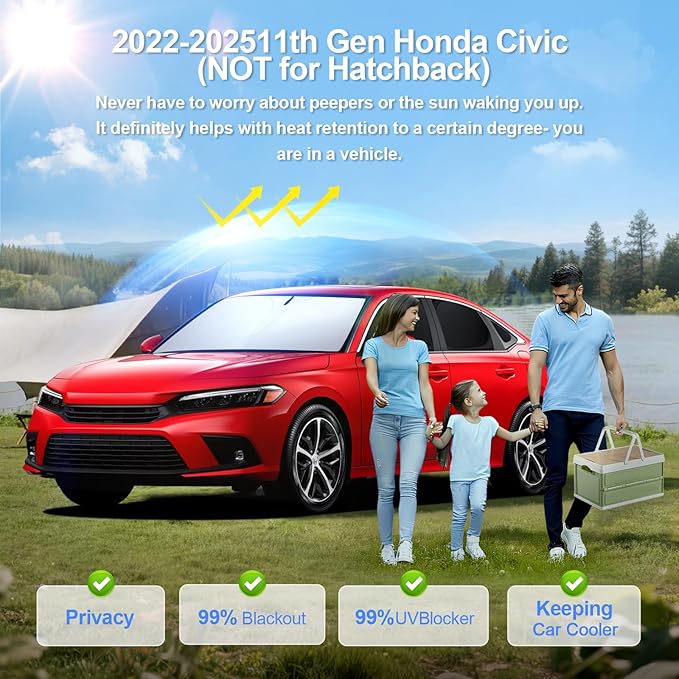 8pcs Car Window Shades for 11th Gen Honda Civic (NOT Hatchback) 2022-2025 Accessories,Windshield Side Rear Full Sunshade,Sun Visor UV Blocking, Privacy Protection and Blackout for Camping Outdoor