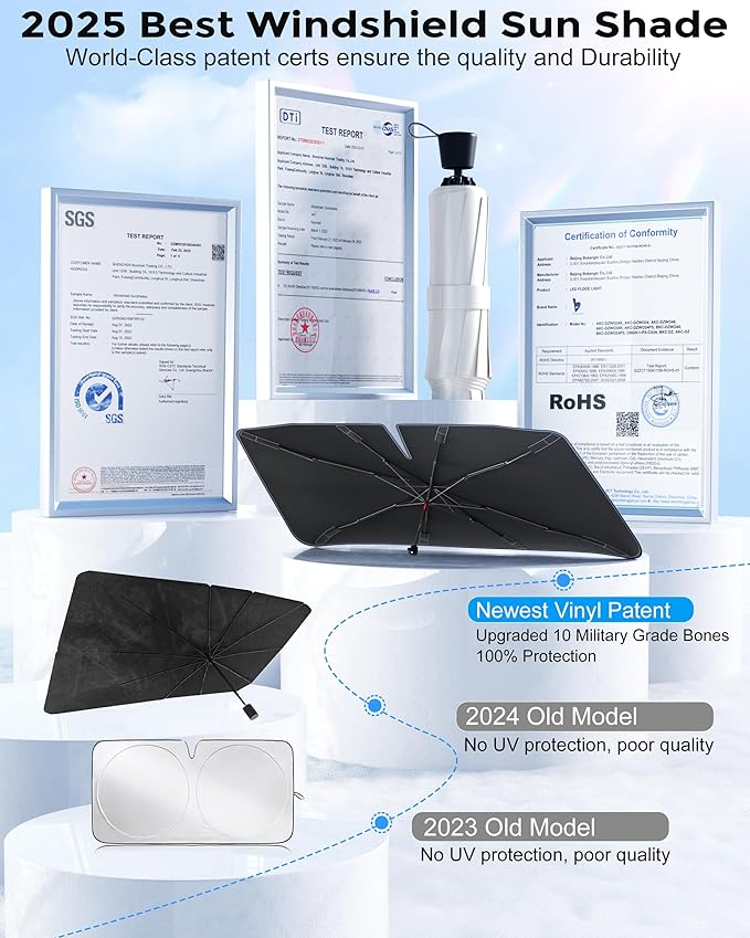 [2025 Upgrade] Weektic Windshield Sun Shade Umbrella for Car [Ultimate Cooling & Urethane Coated] Car Sun Shade Protect Interior from Sun Rays & Keep Cool X-Large (64" L x 34" W)