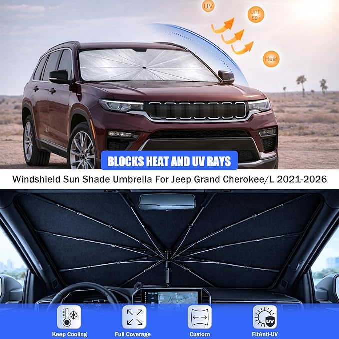 Car Windshield Sun Shade Umbrella - Custom-Fit for Jeep Grand Cherokee/L 2021-2026 Umbrella Sunshade,Easy Install,UV Protection & Heat Reflective,Keep Interior Cooler with Storage Bag