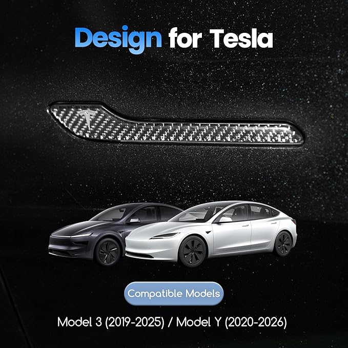 Polwlamks 4 Pack Door Handle Cover Fits Model Y/Model 3, Real Carbon Fiber 3D Handle Cover Sticker, Tesla Door Handle Protector Wrap Covers with 3M Self-Adhesive Backing, Tesla Exterior Accessories