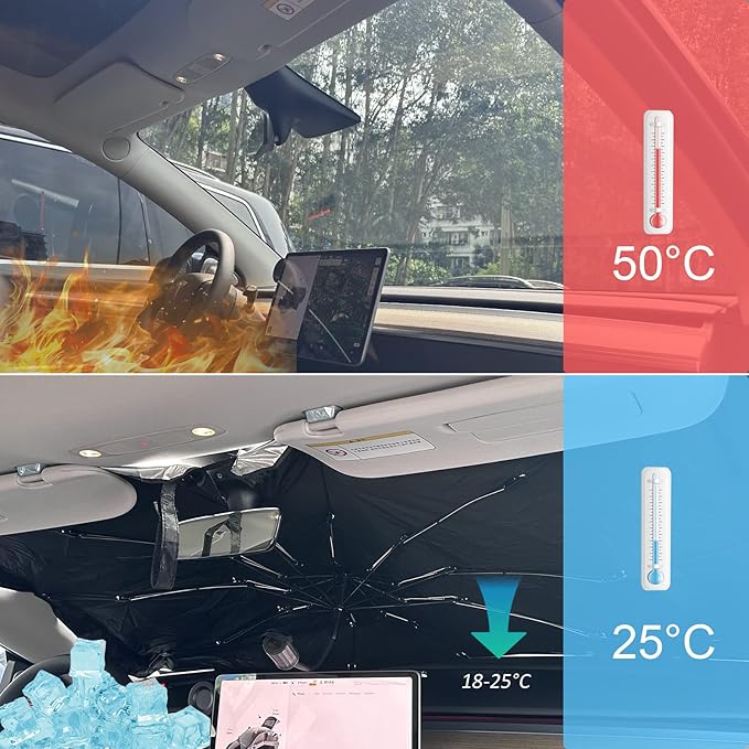 ROCCS Windshield Sun Shade for Car Window Shades Compatible with Tesla Model 3/Y 2016~2026 Foldable Umbrella Reflective Sunshade for Automotive Front Window Blocks UV Rays & Heat Keep Car Cool