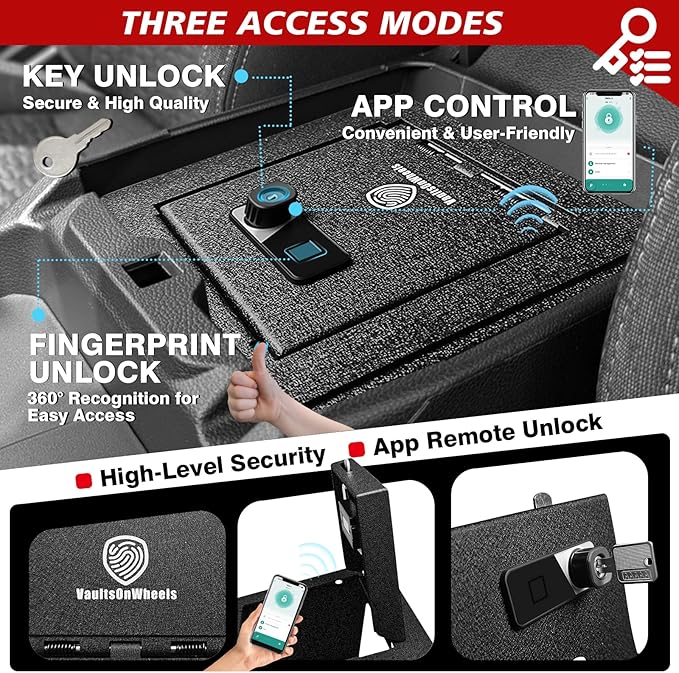 VaultsOnWheels for 2026 2025 2024 Ford Ranger Center Console Safe Gun Safe Vault Hidden Console Storage LockBox Anti-Theft Pry-Proof High Security Biometric Fingerprint Lock