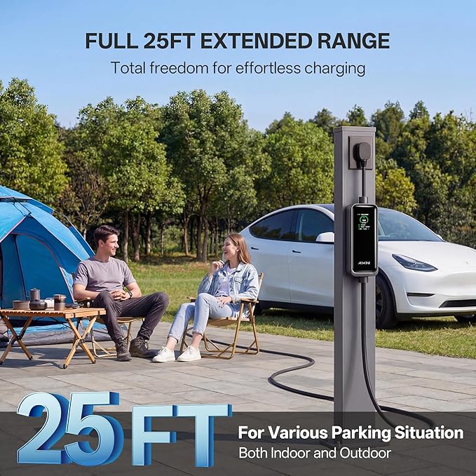 Level 2 EV Charger,Tesla EV Charger NACS 32A with 25FT Extension Cord Cable,Enhanced WiFi Smart App,240V NEMA 14-50 Plug Compatible with All Tesla Models X/Y/3/S,UL,ETL,FCC Certified