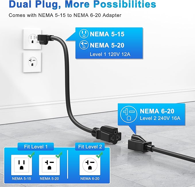 QPQ Level 1/2 Tesla Charger 16A, Portable Electric Car EV Charger for Tesla Models Y/X/3/S, 21FT Cable 240V NEMA 6-20 Plug 120V NEMA 5-15 Adapter, NACS Connector, 3.5KW Home EV Charging Station
