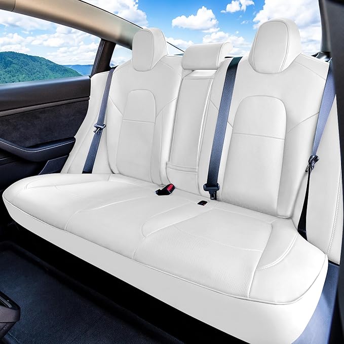 FH Group Custom Fit Car Seat Covers Specifically Made for 2017–2023 Tesla Model 3 Rear Set Solid White Faux Leather Car Seat Covers, Waterproof Automotive Seat Covers, Tesla Accessories