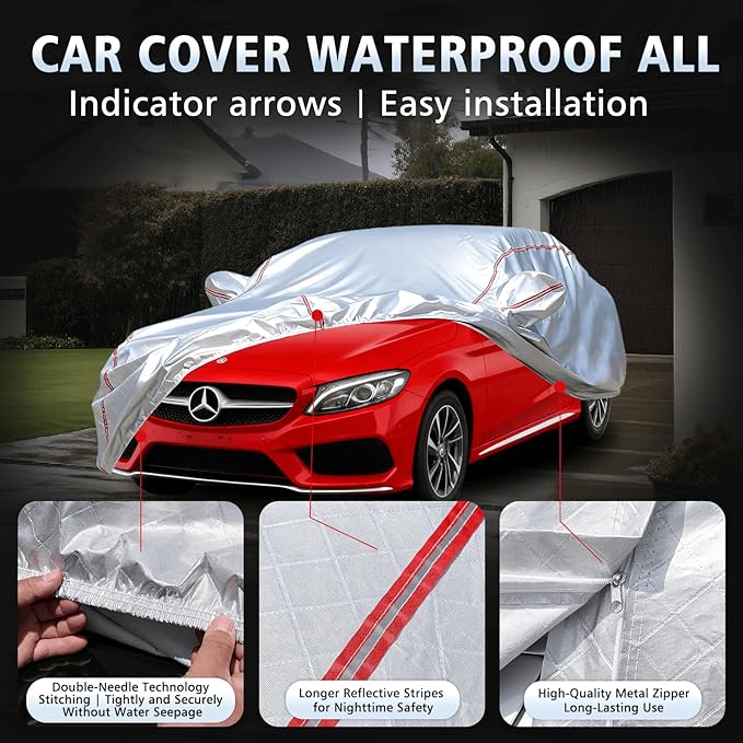 Car Cover Waterproof All Weather for Mercedes-Benz C-Class 2008-2025,All-Around Fastening and 4 Upgrades, 30s Quick-Install for Car Cover