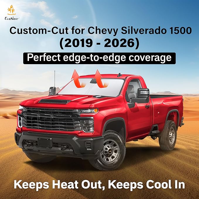 EcoNour Windshield Sunshade for Chevrolet Silverado 1500 2019-2024 2025 2026, Sun Visor for Front Windshield & Window Sun Shade Cover, UV Heat Blocker & Protector, Car Accessories