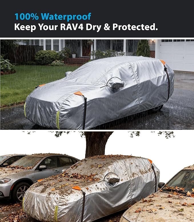 Wigoo Toyota RAV4 Car Cover 1996-2026, Custom Fit Waterproof All Weather Outdoor Full Exterior SUV Cover, Windproof Rain Sun UV Snow Dust Protection, Paint-Safe Lining, Door Zipper, RAV4 Accessories