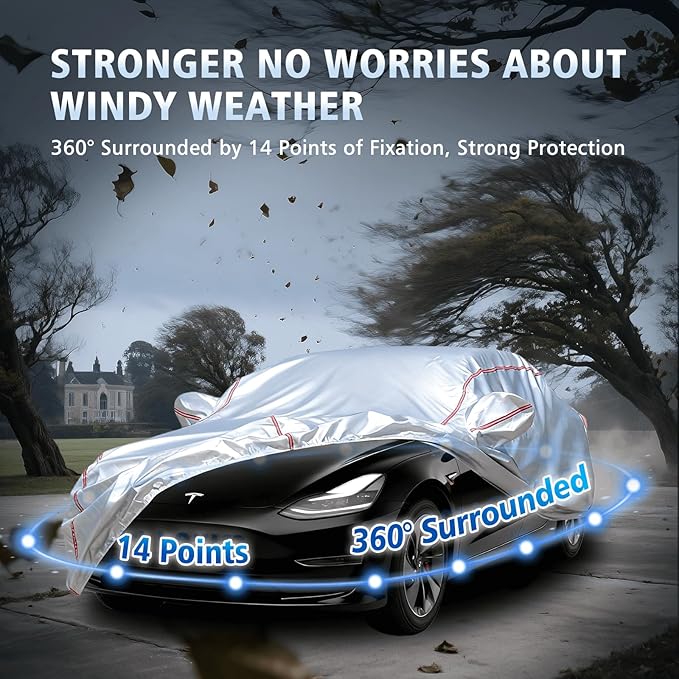 Car Cover Waterproof All Weather for Tesla Model 3 2017-2025,All-Around Fastening and 4 Upgrades, 30s Quick-Install for Car Cover