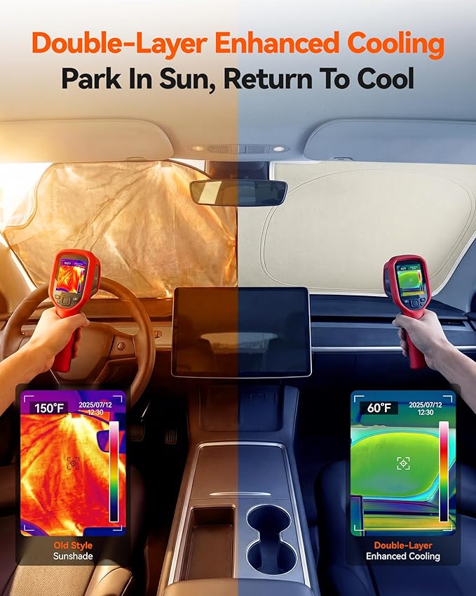 WOLFBOX Double-Layer Car Windshield Sun Shade Tesla Model Y/Model 3-Foldable Vinyl Coated Front Window Sunshade, UV Blackout&Heat Visor Protector Model Y Juniper/Model 3 Highland(56.30''L*37''W)