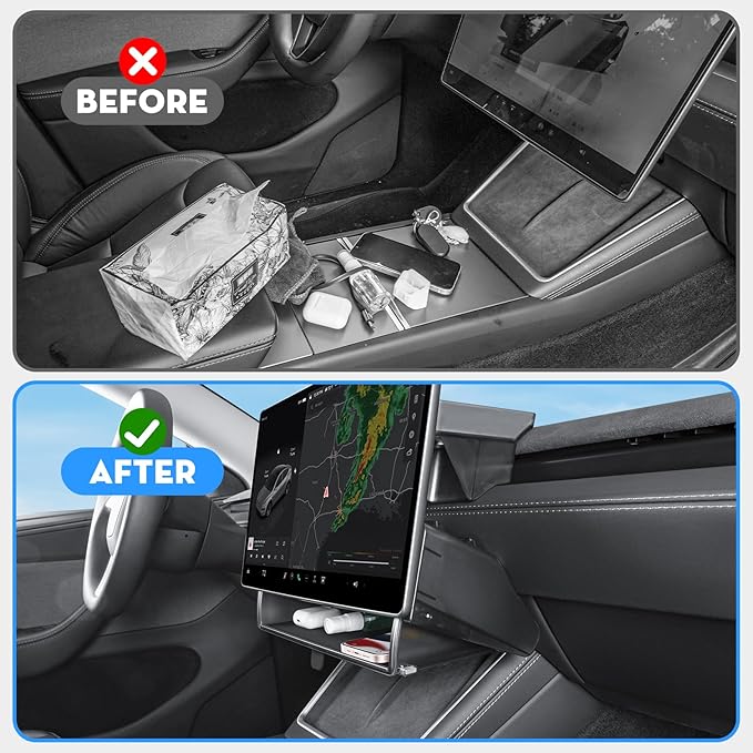 Under Screen Storage Organizer for 2026 New Model Y Juniper,[Retractable & Tool-Free] Under Screen Storage Box with Behind Screen Tissue Holder Compatible with Tesla 2025-2026 Model Y Juniper