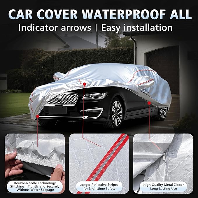 Car Cover Waterproof All Weather for Lincoln MKZ 1993-2025,All-Around Fastening and 4 Upgrades, 30s Quick-Install for Car Cover
