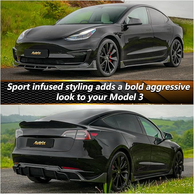 Full Body Kit for Tesla Model 3 2017-2023, Aero Package Front Lip, Rear Diffuser, Side Skirts, Spoiler, Fog Light Covers Performance Styling Carbon Fiber Printed