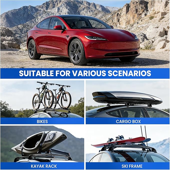 2PCS Cross Bar Roof Racks Compatible with 2019-2025 Tesla Model 3, 176LB Load Capacity, Lockable Luggage Cargo Rails Carrier Accessories Fits Bikes Kayaks Ski Tent Roof Box