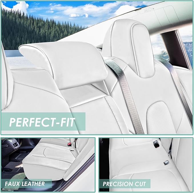 FH Group Custom Fit Car Seat Covers Specifically Made for 2017–2023 Tesla Model 3 Rear Set Solid White Faux Leather Car Seat Covers, Waterproof Automotive Seat Covers, Tesla Accessories