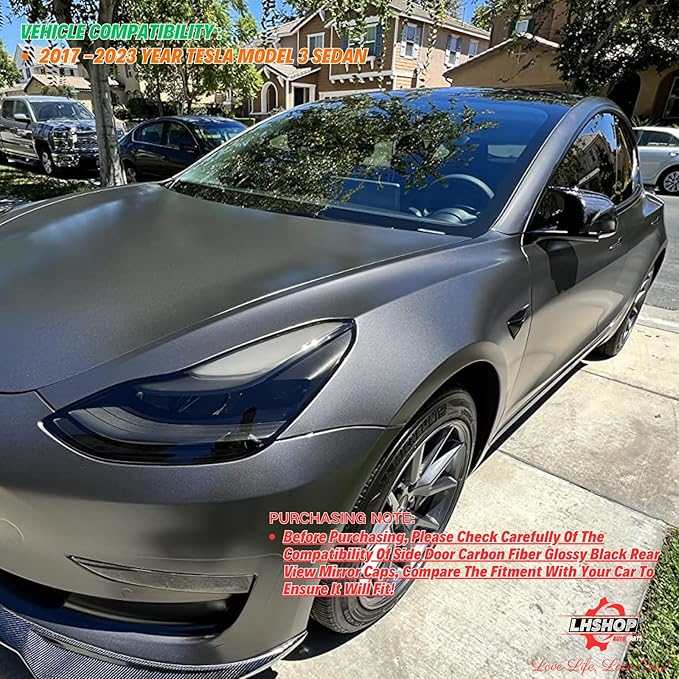 Car Side Mirror Cover for Tesla Model 3 Accessories 2018-2025 Passenger Driver Side View Exterior Mirror Caps Replacement Body Tuning Parts & Trim, Carbon Fiber Gloss - 1 Pair (Left-Right)