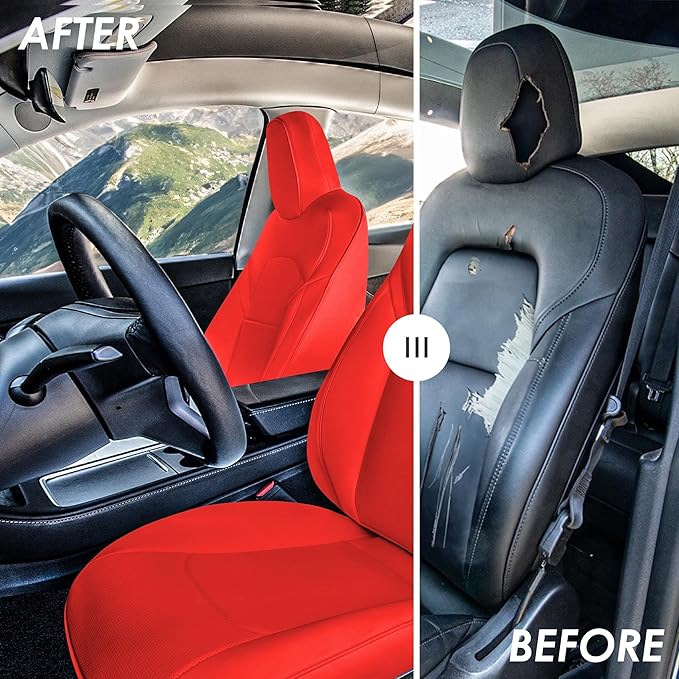 FH Group Custom Fit Car Seat Covers Specifically Made for 2017–2023 Tesla Model 3 Front Set Solid Red Faux Leather Car Seat Covers, Waterproof Automotive Seat Covers, Tesla Accessories