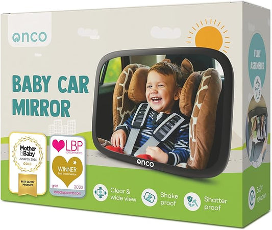 Onco Baby Car Mirror Rear Facing - Double Award-Winning Convex Car Mirror for Baby, 100% Shatterproof & Shakeproof with 360° Rotation, Newborn Essentials (9.6 x 6.9 in)