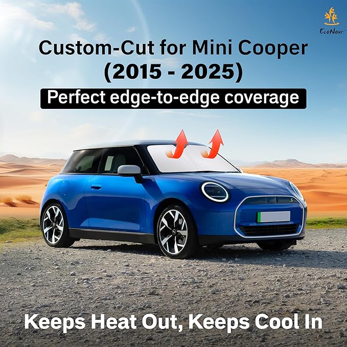 for Mini Cooper & Cooper S Hardtop 4-Door 2015-2025 Front Windshield Sunshade Compatible with -EcoNour 240T Polyester Foldable Window Shade - Blocks UV Rays & Keeps Your Car Cool