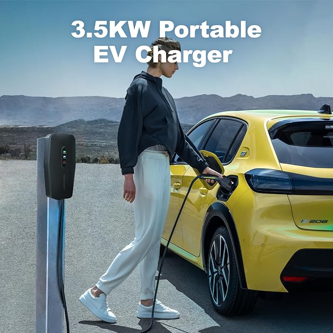 Level 1/2 EV Charger 16Amp, Electric Vehicle Portable Charger with 28FT Cable, 3.5KW Home EV Charging Station for J1772 Electric Cars,110V-240V, NEMA 6-20 & NEMA 5-15 Plug