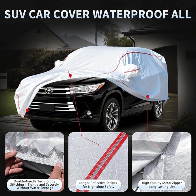 Car Cover Waterproof All Weather,All-Around Fastening and 4 Upgrades, 60s Quick-Install for Car Cover（for Toyota Highlander 2001-2025）