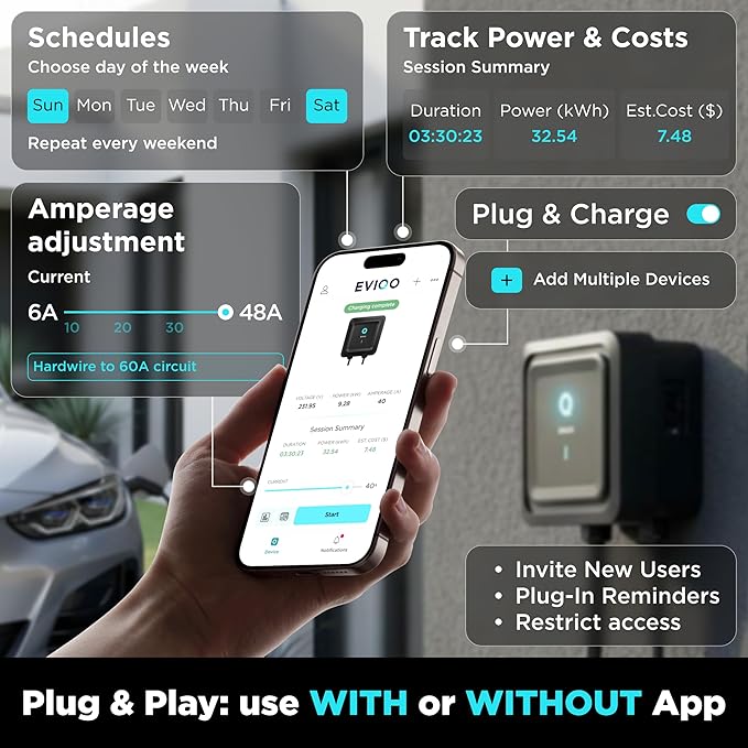 EVIQO NACS Charger for Tesla 40-48 Amp Hardwired Level 2 EV Charger - 240V Wall EV Charger Level 2, 25ft Cable, WiFi (2.4 GHz) Smart App - Weatherproof, Outdoor (IP66,NEMA 4) UL, ETL Certified