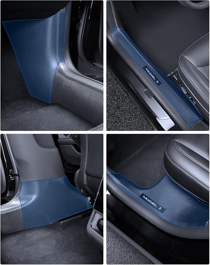 2025 8PCS Tesla Door Sill Protector for Model 3 2024 2025 Highland, Carbon Fiber Door Sill Scuff Plate Edge Guard, Front and Rear Door Entry Guard Scuff Plate Carpet Front Rear Sill