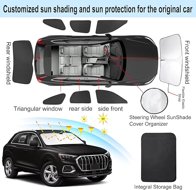 8PCS YYCKE Window Shades for Q3 2019-2024 for Audi Accessories Car Side Full Windows Rear Triangular Windshield Sun Shade Sun UV Rays & Privacy Protection for Camping,Napping,and Relaxing