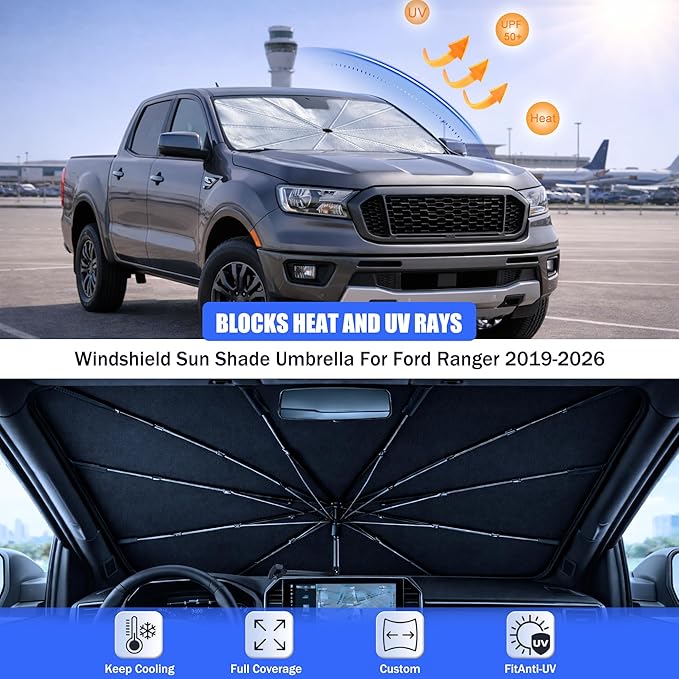 2026 Upgraded Car Windshield Sun Shade Umbrella - Custom-Fit for Ford Ranger 2019-2026 Umbrella Sunshade,Easy Install,UV Protection & Heat Reflective,Keep Interior Cooler with Storage Bag