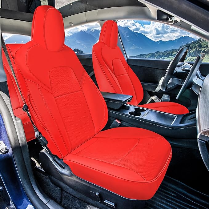FH Group Custom Fit Car Seat Covers Specifically Made for 2017–2023 Tesla Model 3 Front Set Solid Red Faux Leather Car Seat Covers, Waterproof Automotive Seat Covers, Tesla Accessories
