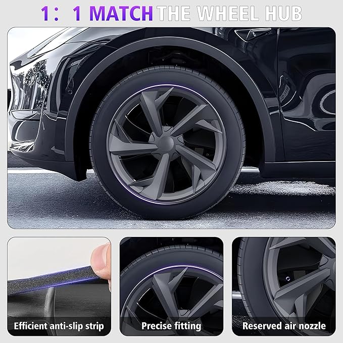 19 Inches Wheel Covers for 2025 2026 Tesla Model Y Juniper, Hub Protection Accessory, Replacement for Tesla Model Y 2025 Rim Protector, ABS Hubcaps 4-Piece, Mechanical Style Black