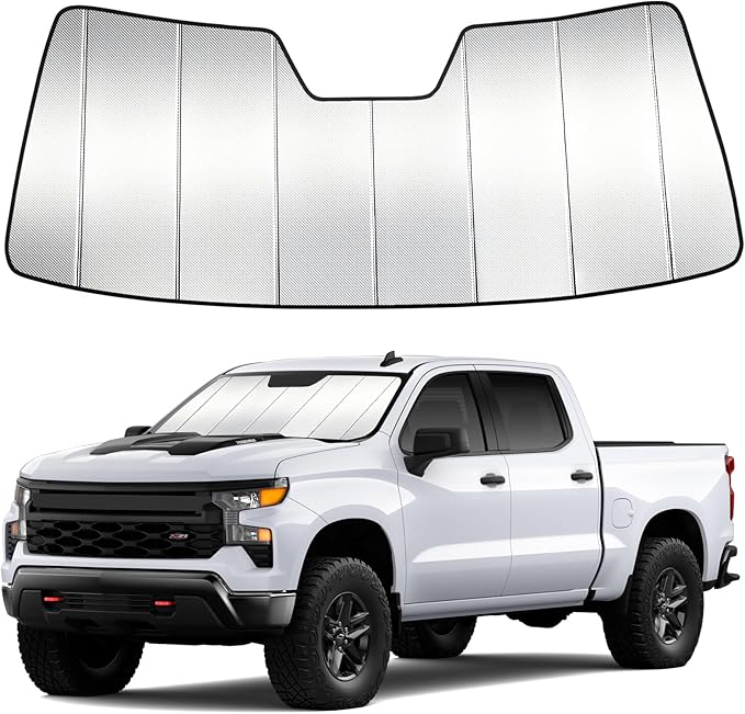 Windshield Sun Shade Custom Fit for Chevy Silverado 1500/GMC Sierra 1500 2019-2026,Silverado/Sierra 2500 HD, 3500 HD 2020-2026, Accordion Folding Thick Window Sunshade Sun Visor Keep Cool