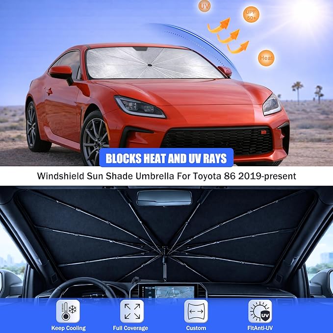 2026 Upgraded Car Windshield Sun Shade Umbrella - Custom-Fit for Toyota 86 2019-present Umbrella Sunshade,Easy Install,UV Protection & Heat Reflective,Keep Interior Cooler with Storage Bag