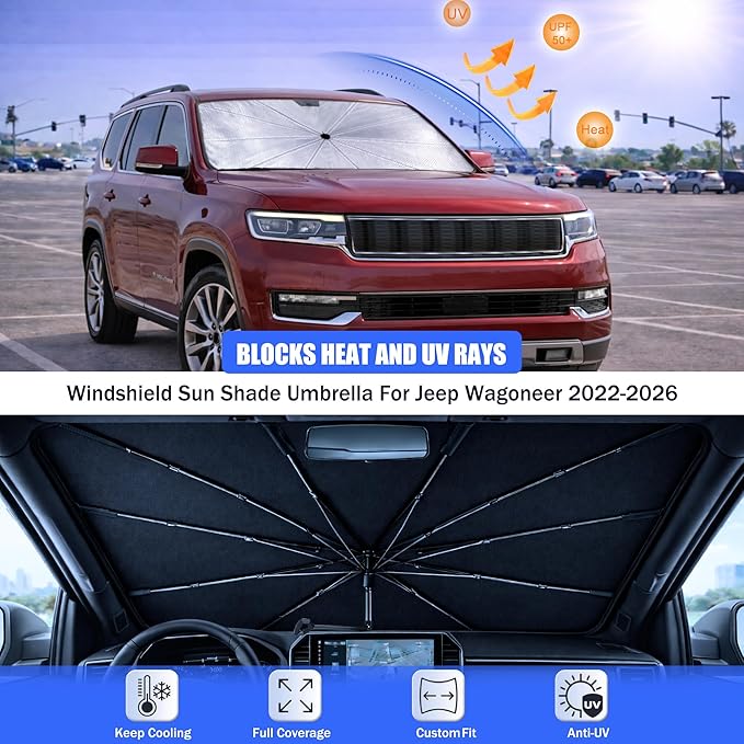 2026 Upgraded Car Windshield Sun Shade Umbrella - Custom-Fit for Jeep Wagoneer 2022-2026 Umbrella Sunshade,Easy Install,UV Protection & Heat Reflective,Keep Interior Cooler with Storage Bag