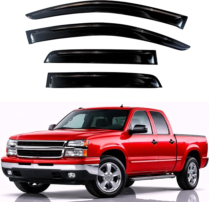 KPY Rain Guards Fit for 2001-2007 Chevrolet Silverado/GMC Sierra Crew Cab, Out-Channel Window Visors Vent Deflectors, 2002-2006 Chevy Avalanche/Suburban/Cadillac Escalade/GMC Yukon XL (Crew Cab Only)