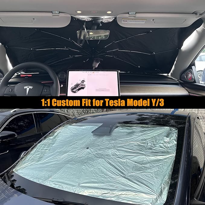 ROCCS Windshield Sun Shade for Car Window Shades Compatible with Tesla Model 3/Y 2016~2026 Foldable Umbrella Reflective Sunshade for Automotive Front Window Blocks UV Rays & Heat Keep Car Cool