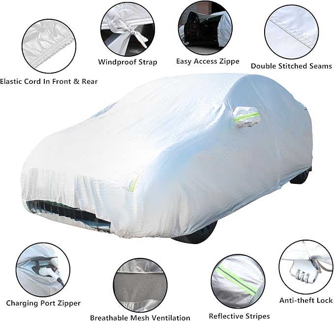 Car Cover Fit for 2017-2023 Tesla Model 3 - All-Weather Outdoor, Waterproof, UV & Rain Protection, Breathable Mesh Ventilation, Charging Port & Driver Side Zipper Access