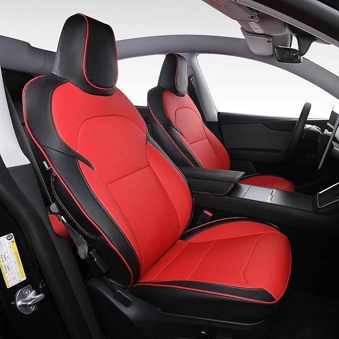 Custom Fit Seat Covers for 2025 2026 Tesla Model Y Juniper (5-Seater) - Ventilated Seats & Rear Screen Compatible - Nappa Leather Full Set Car Seat Protectors (Black+Red, Model Y 2025)