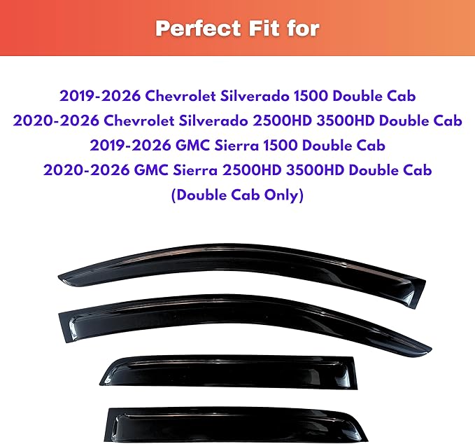 KPY Rain Guards for 2019-2026 Chevrolet Silverado/GMC Sierra 1500 Double Cab, Out-Channel Window Visor Vent Deflector, Truck Accessories for 2020-2026 Chevy Silverado/Sierra 2500HD 3500HD Extended Cab