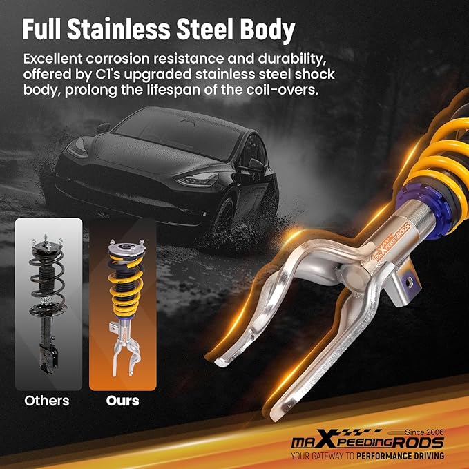 maXpeedingrods Coilover for Tesla model Y 2020+ AWD, 24 Levels Damping Adjustable Coilovers Suspension Kits, Height Adjustable Shock Absorber Struts, C2 Upgraded Series Lowering Kits Gold
