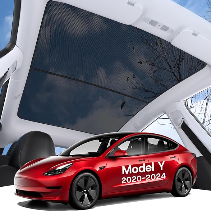 Upgraded Sunshade Roof for Tesla Model Y 2020-2024, [Mesh Fabric& No-Sag & Magnetic Design] Heat Insulation Class Roof Sun Shade for Tesla Model Y Accessories, Black, 2PCS